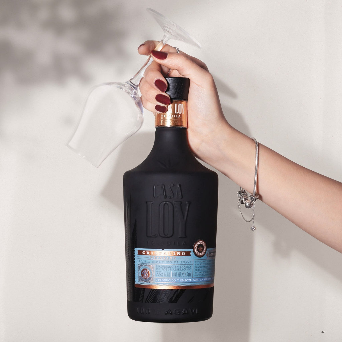 A hand with dark red nail polish holds a clear wine glass against a matte black bottle of Casa Loy Cerveceria Especial. The bottle features a black body with a metallic copper neck collar and a light blue and gold label at the bottom, set against a clean white background with soft shadows.