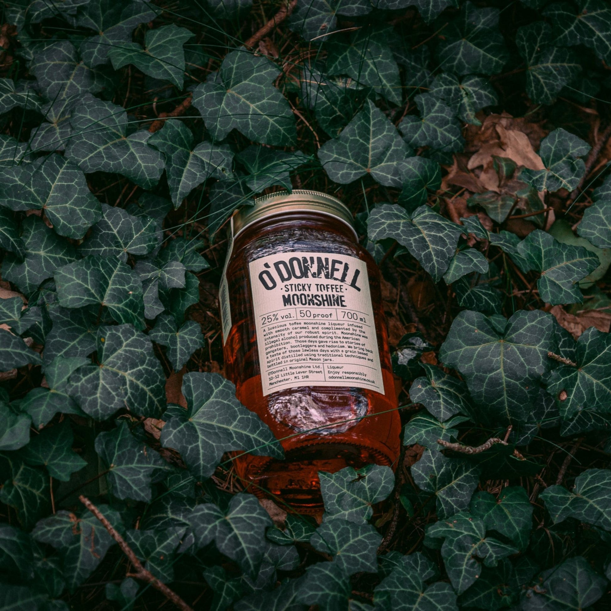 A glass jar of O'Donnell Sticky Toffee Moonshine lies on a bed of dark green ivy leaves.