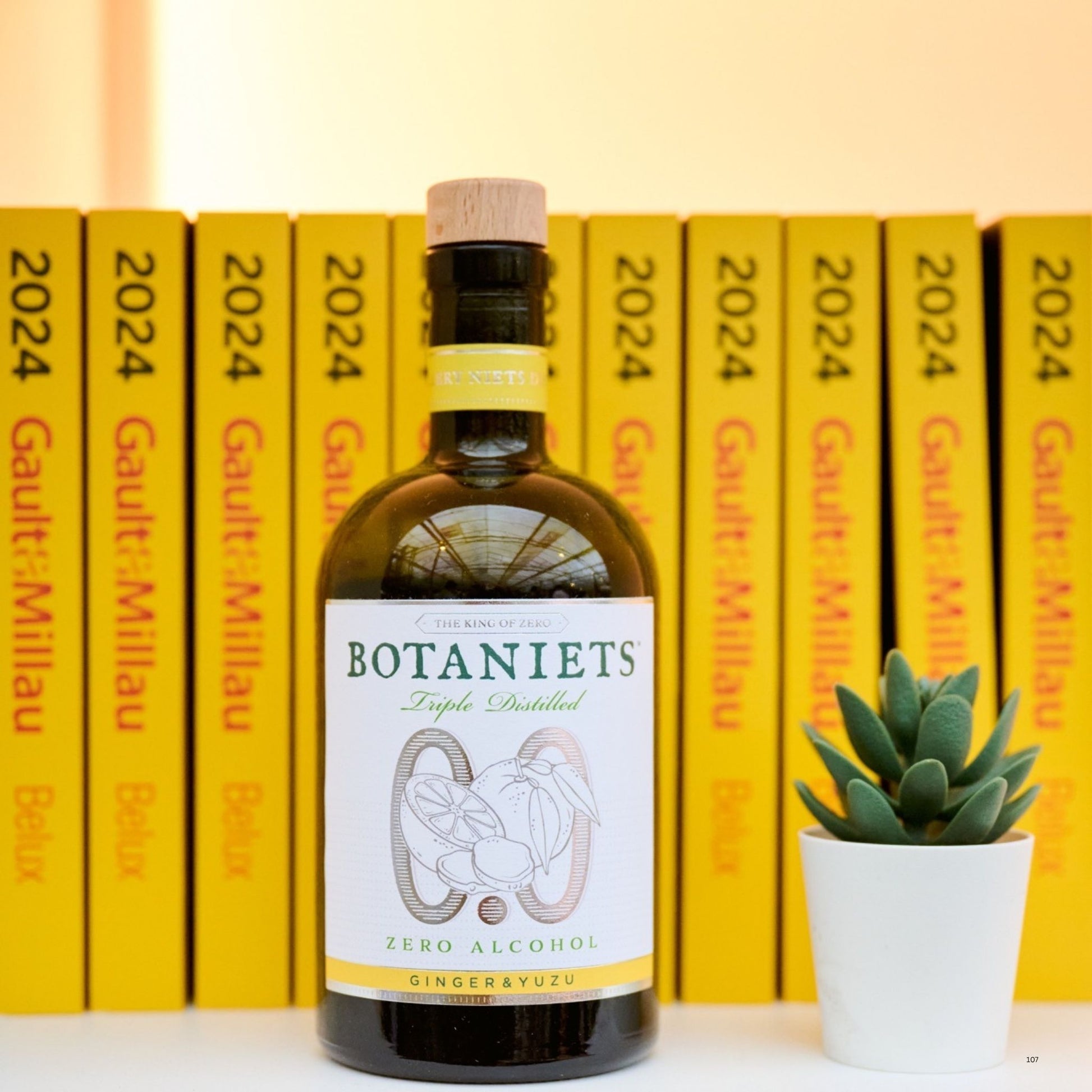 A bottle of Botaniets Zero Alcohol Ginger & Yuzu triple distilled spirit stands on a white surface in front of a row of yellow books, with a small potted succulent to its right.