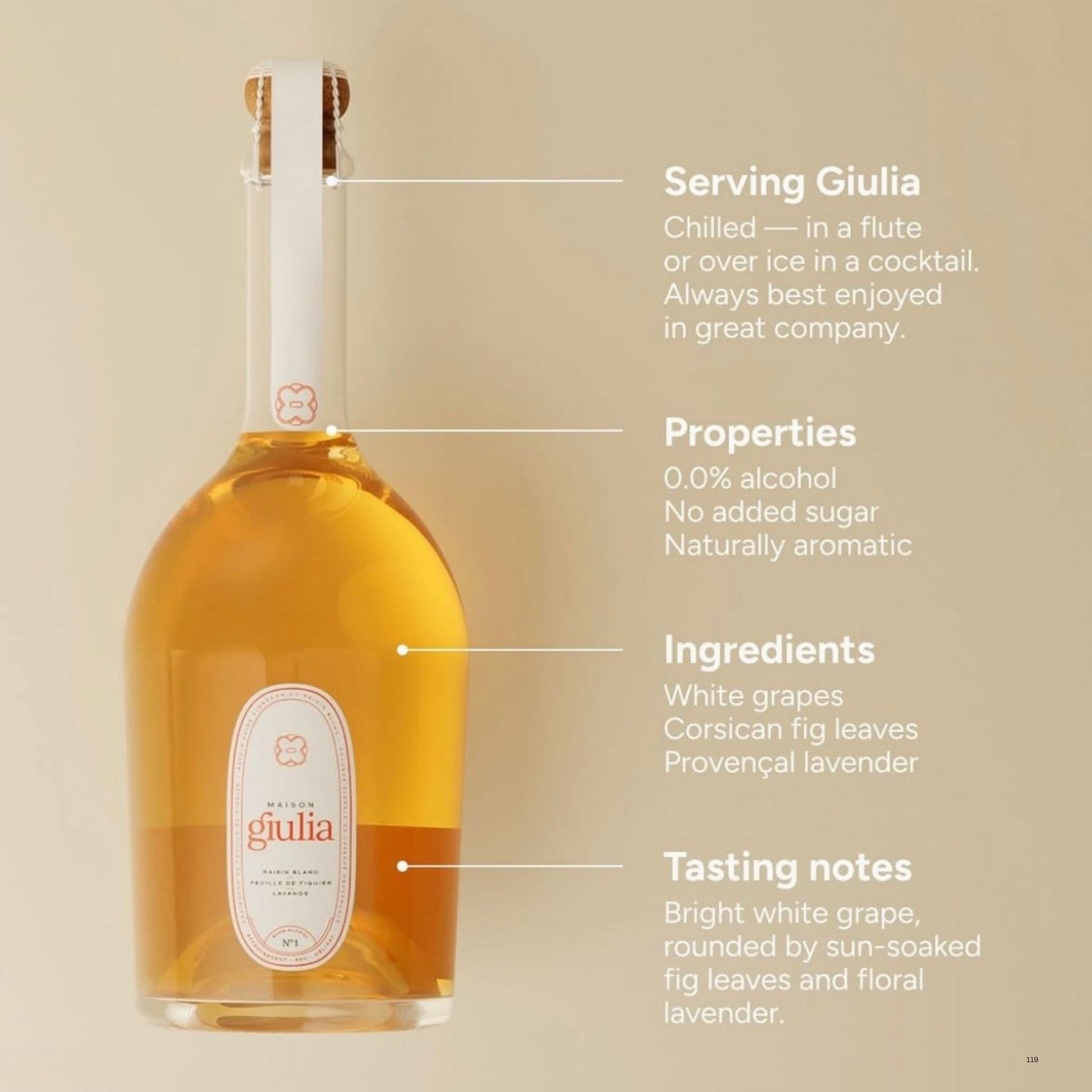 A bottle of serving Giulia white grape liqueur with a white capsule neck wrap and a cream-colored front label, shown against a warm beige background with descriptive text callouts about its serving, properties, ingredients, and tasting notes.