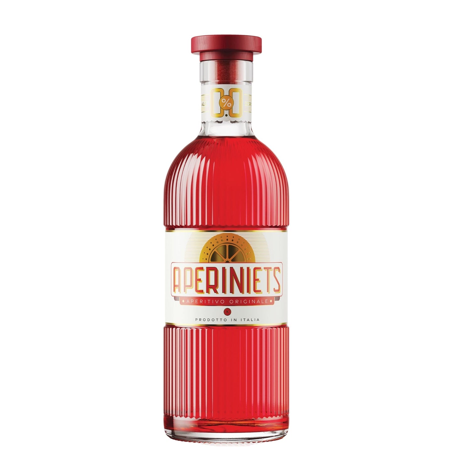 A bottle of Aperniets Aperitivo, featuring a vibrant red liquid inside a ribbed glass bottle with a cream and gold label and a red cap, set against a plain white background.