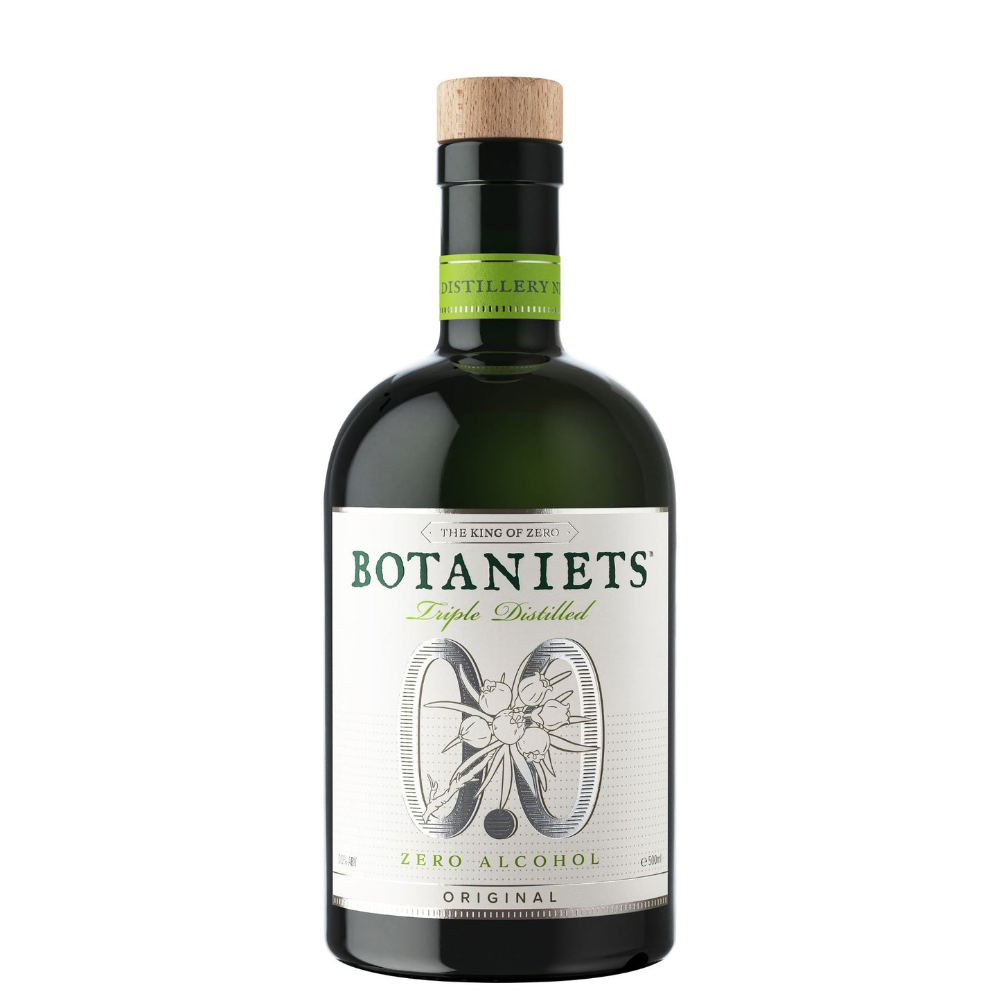 A bottle of Botaniets Triple Distilled Zero Alcohol Original gin with a dark green glass body, a white label with green and black text, and a natural cork stopper, shown on a plain white background.