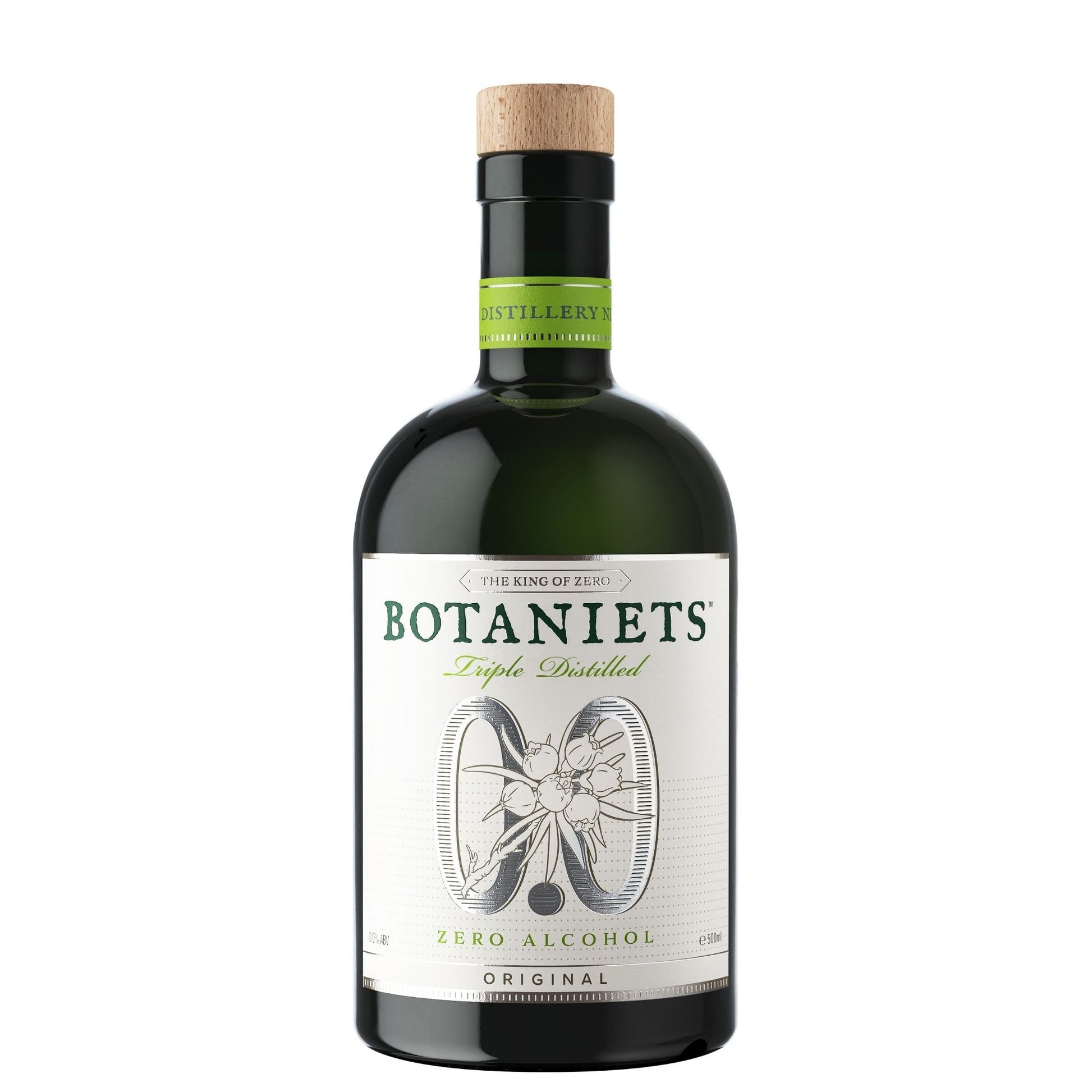 A bottle of Botaniets Triple Distilled Zero Alcohol Original gin with a dark green glass body, a white label with green and black text, and a natural cork stopper, shown on a plain white background.