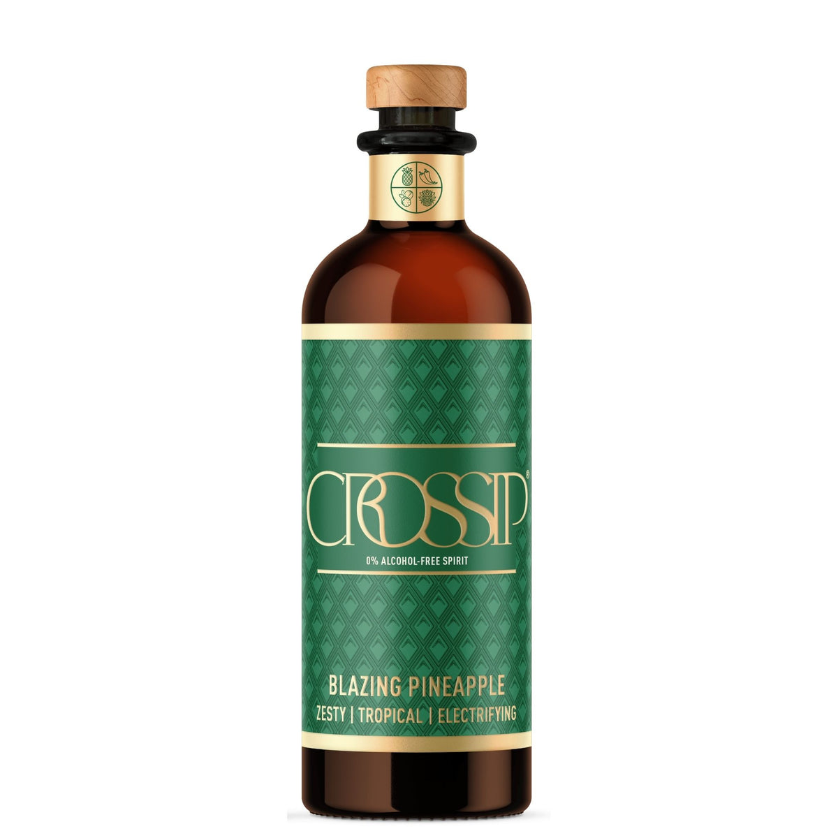 A bottle of CROSSIP Pineapple non-alcoholic spirit, featuring a dark green patterned label with gold lettering and a light brown wooden stopper, on a solid white background.