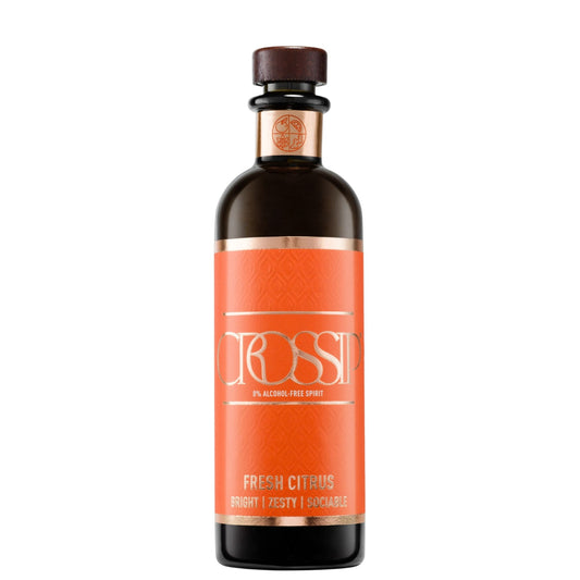 A bottle of CROSSIP Fresh Citrus 0% Alcohol Free Spirit, featuring a dark amber glass bottle, a copper-colored neck collar, and a vibrant orange label with gold lettering.