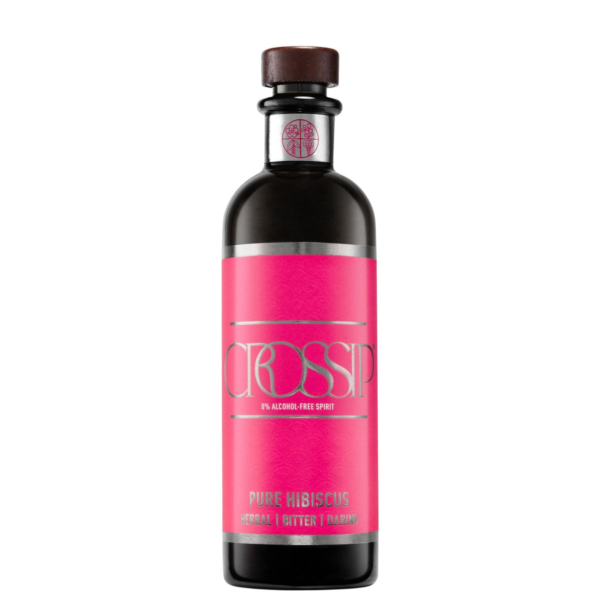 A bottle of CROSSIP Pure Hibiscus 100% alcohol-free spirit, featuring a vibrant pink label with silver lettering and a dark brown cap, set against a plain white background.