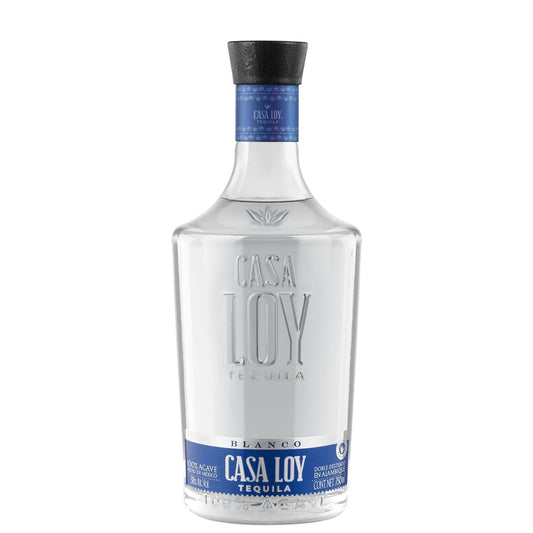 A bottle of Casa Loy Blanco Tequila on a solid white background, featuring a clear glass bottle with a black cap and blue label accents.