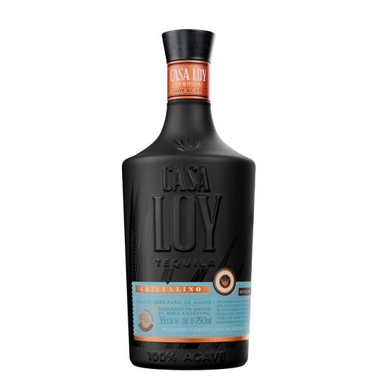 A 500ml bottle of Casa Loy Tequila Cristalino on a solid white background. The bottle is matte black with embossed lettering, featuring a black cap, a copper-orange neck band, and a light blue and orange label.