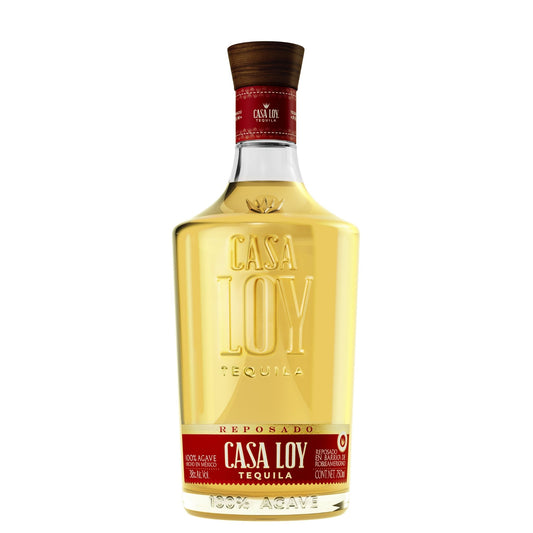 A bottle of Casa Loy Reposado Tequila on a solid white background, showing the clear glass bottle filled with golden-yellow tequila, a dark brown wooden cap, and a red and gold label.