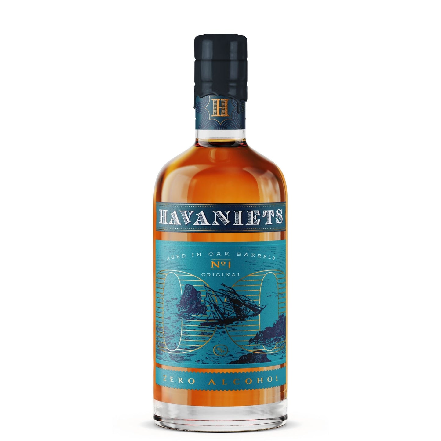 A bottle of Havaniets No. 1 Zero Alcohol aged in oak barrels rum, featuring a teal and orange label with a ship illustration, set against a plain white background.