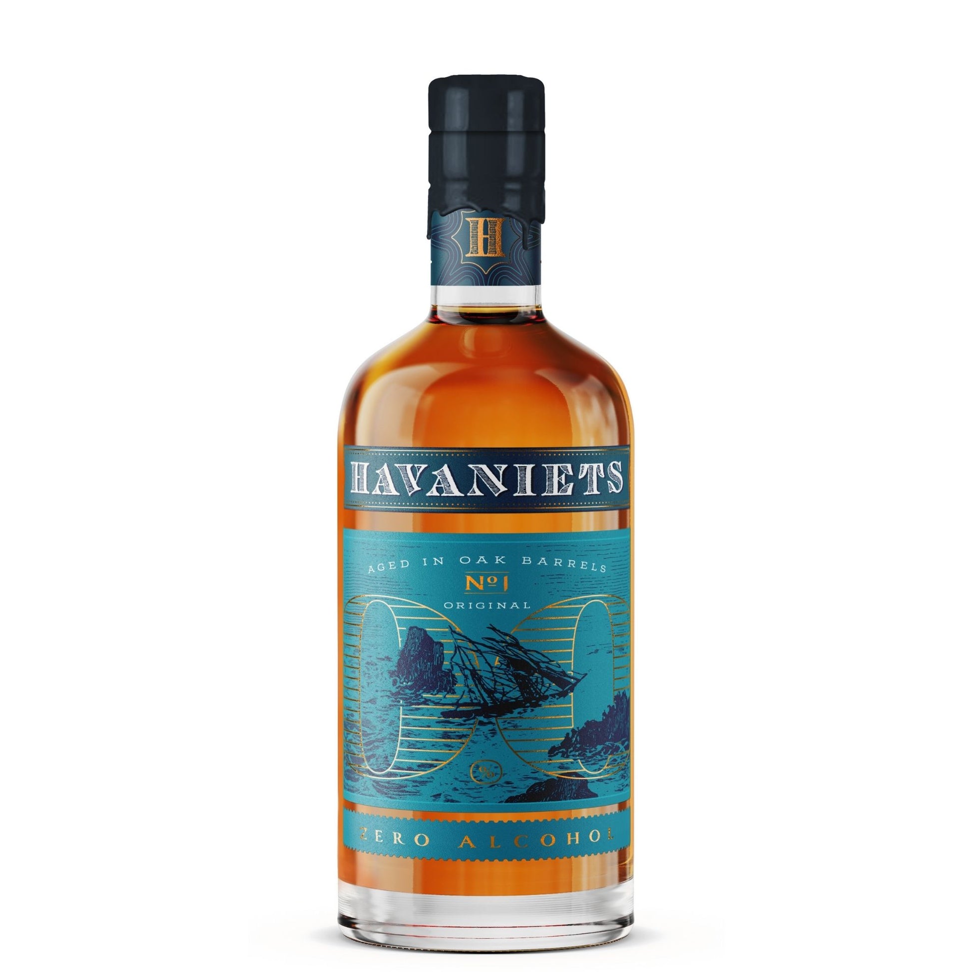 A bottle of Havaniets No. 1 Zero Alcohol aged in oak barrels rum, featuring a teal and orange label with a ship illustration, set against a plain white background.