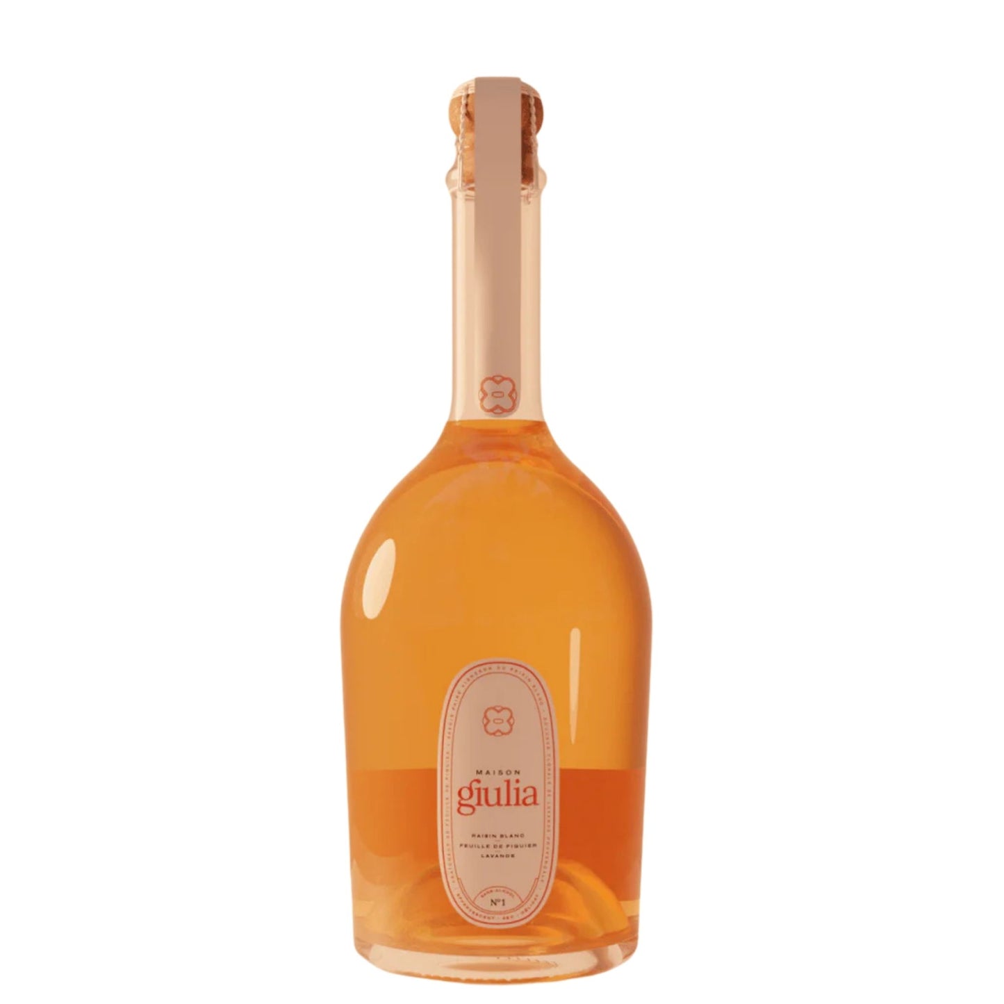 A bottle of Giulia sparkling wine with a pale peach-colored liquid, a light peach foil neck wrap, and a cream-colored oval label on a solid white background.