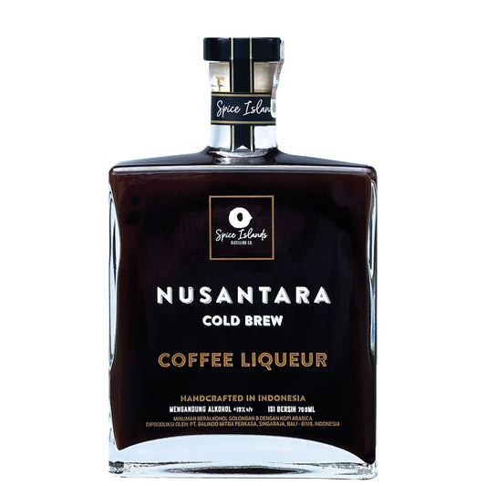 A bottle of Nusantara Cold Brew Coffee Liqueur by Spice Islands, featuring a dark brown liquid inside a clear glass bottle with a black cap and gold and white lettering on the label.