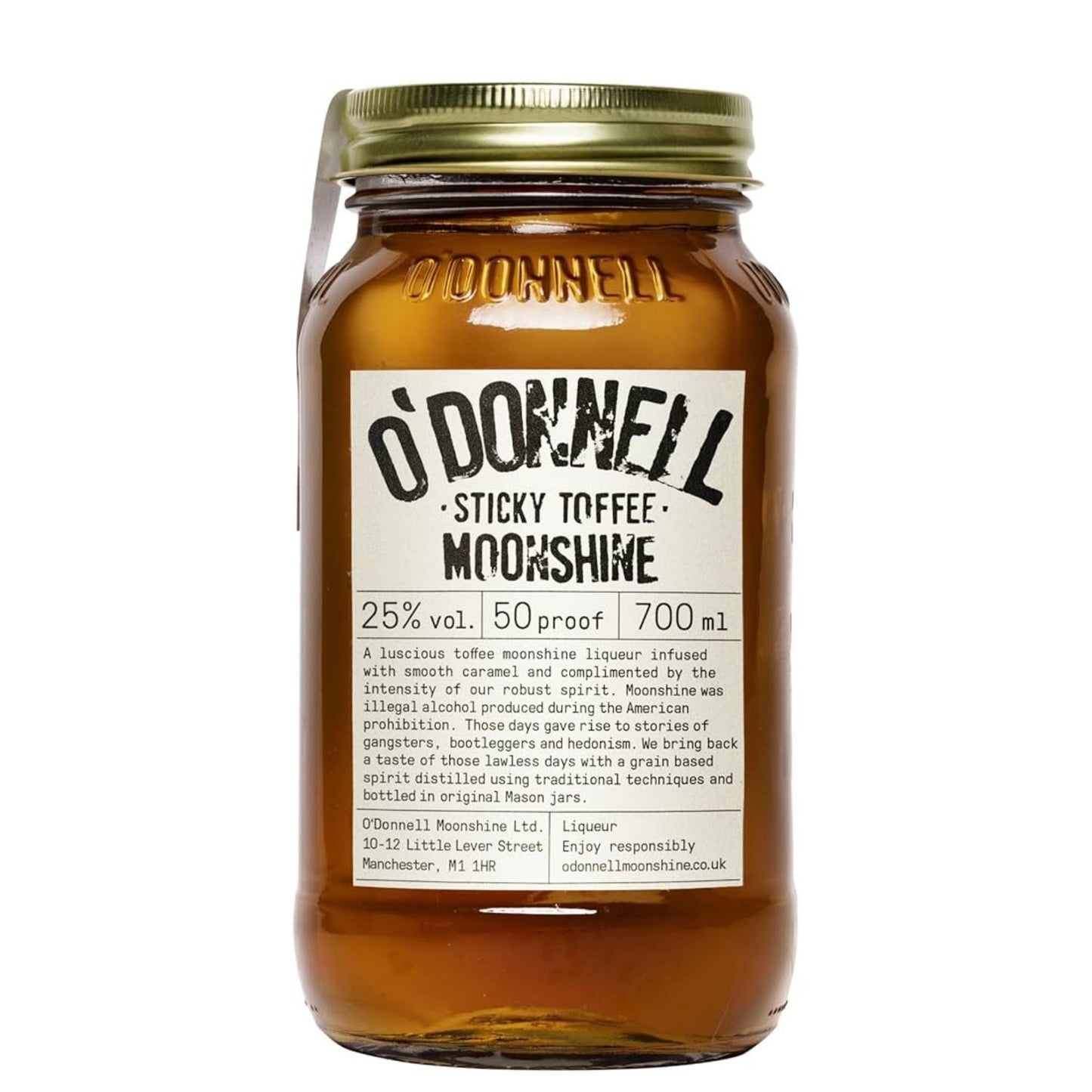 A 700ml glass jar of O'Donnell Sticky Toffee Moonshine liquor with a gold metal lid and a white paper label, shown against a plain white background.