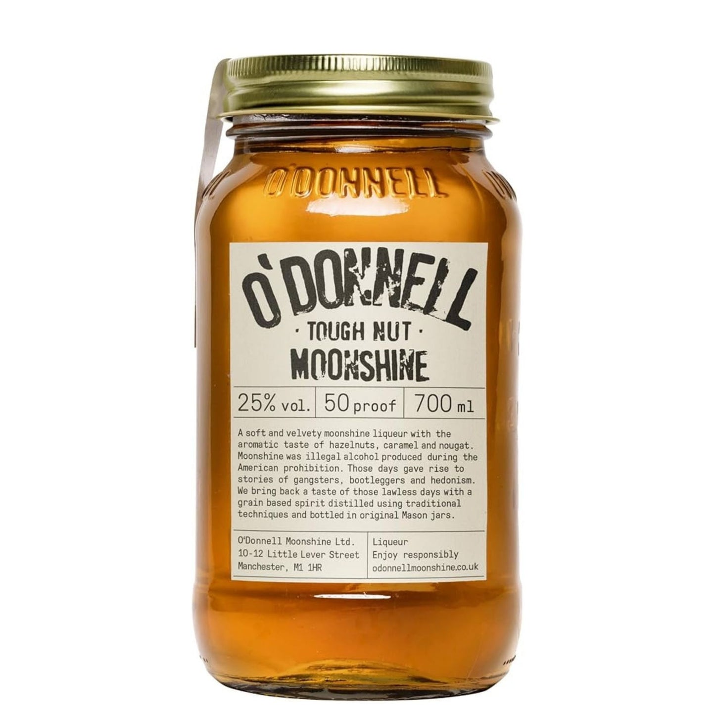 A 700ml glass jar of O'Donnell Tough Nut Moonshine with a gold metal lid and a white paper label, shown against a plain white background.
