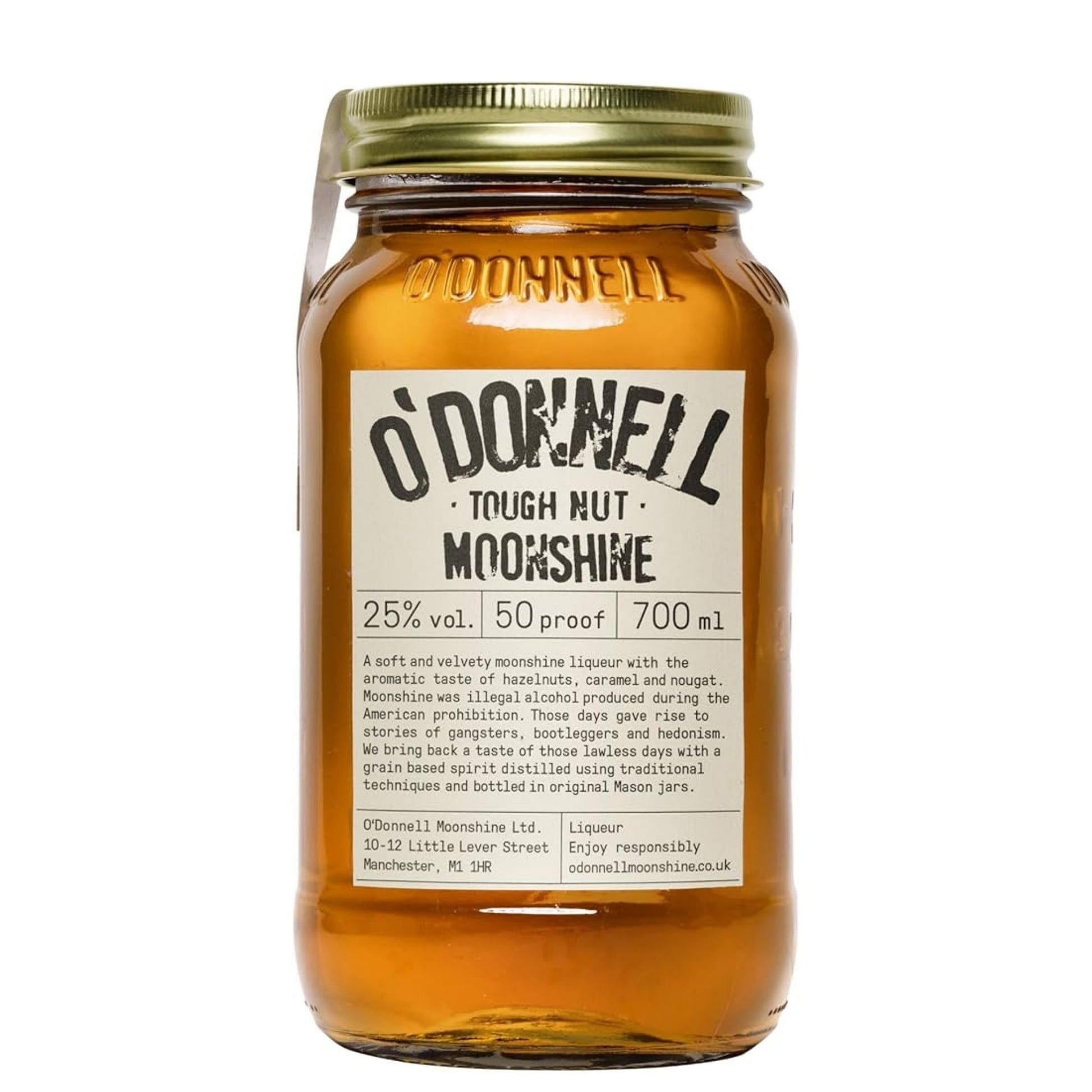 A 700ml glass jar of O'Donnell Tough Nut Moonshine with a gold metal lid and a white paper label, shown against a plain white background.