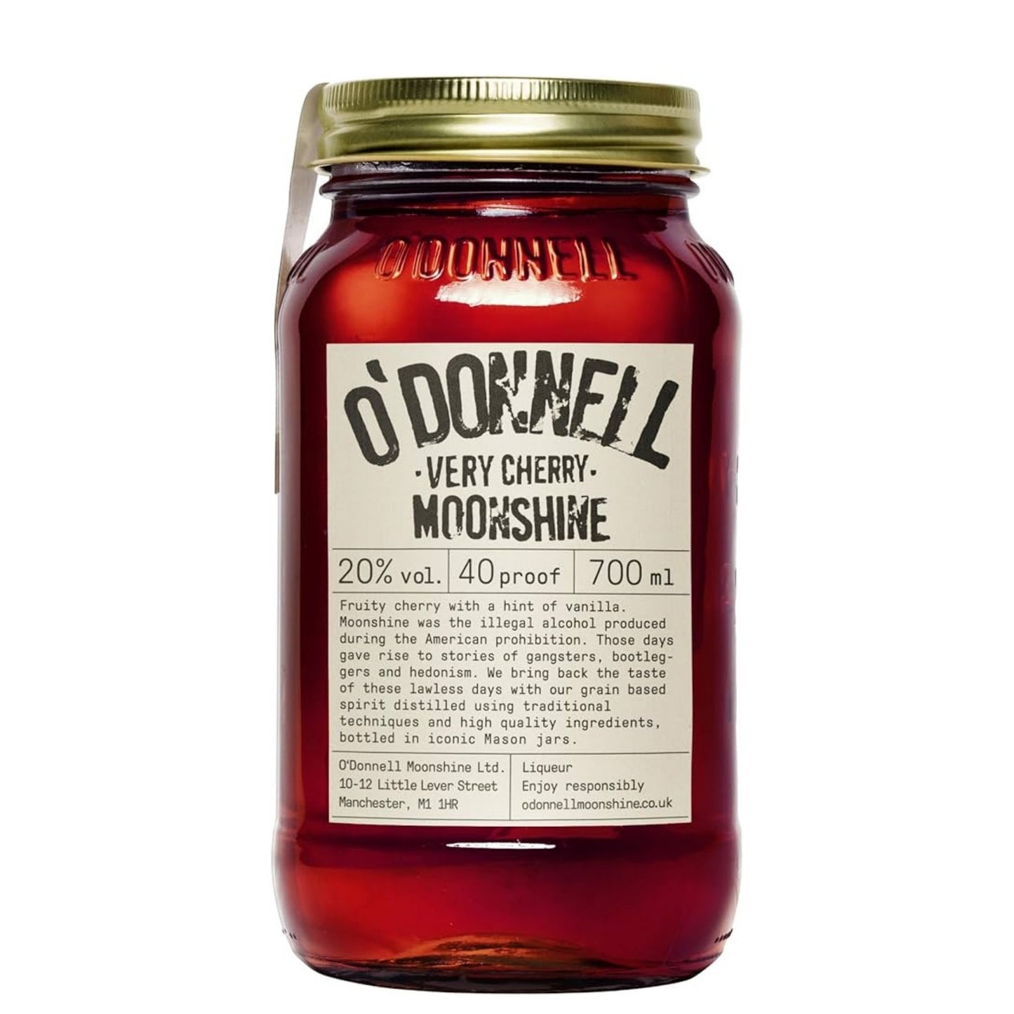 A glass jar of O'Donnell Very Cherry Moonshine liqueur with a gold metal lid and a cream-colored label, shown against a plain white background.