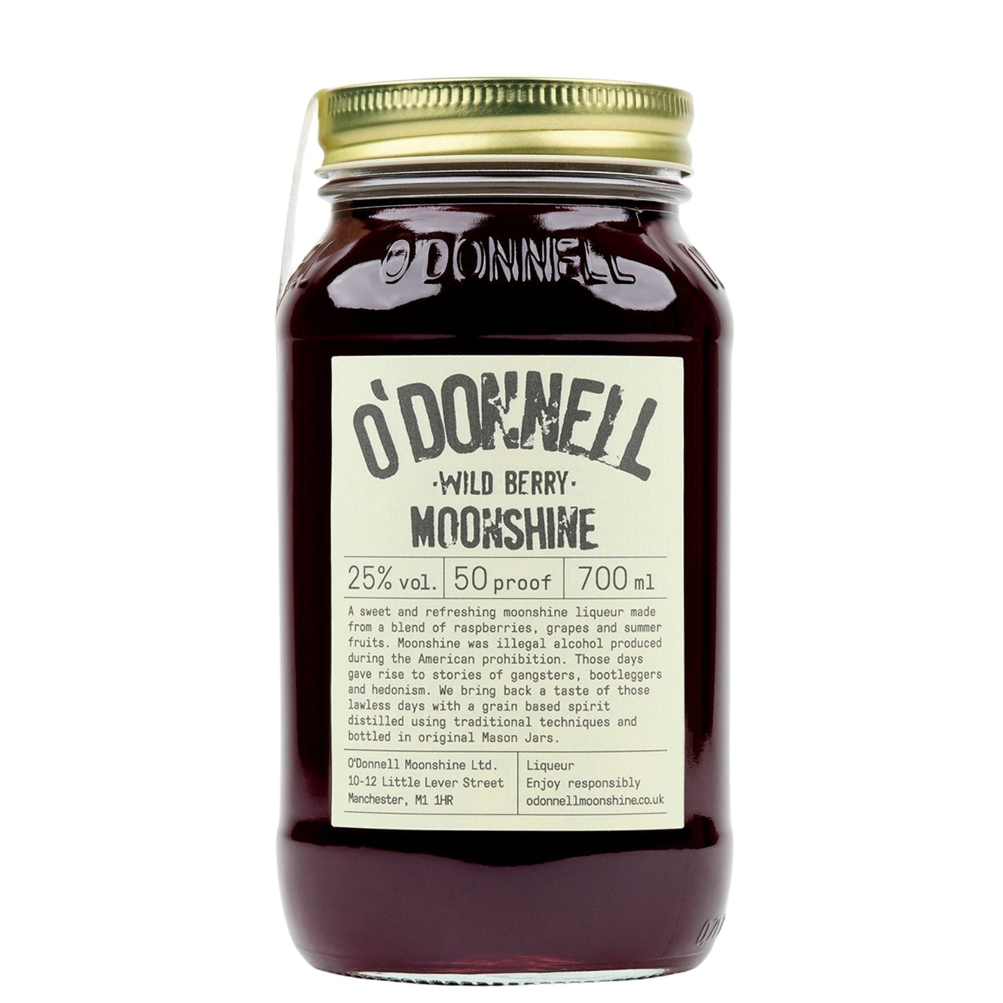 A glass jar of O'Donnell Wild Berry Moonshine liquor with a gold metal lid and a cream-colored label, shown against a plain white background.