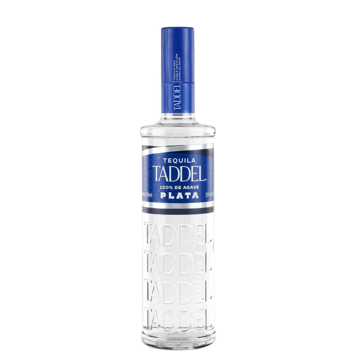A bottle of Taddel Plata 20 Year Tequila de Agave, 750ml, featuring a clear glass bottle with embossed lettering, a blue label, and a blue cap, set against a plain white background.