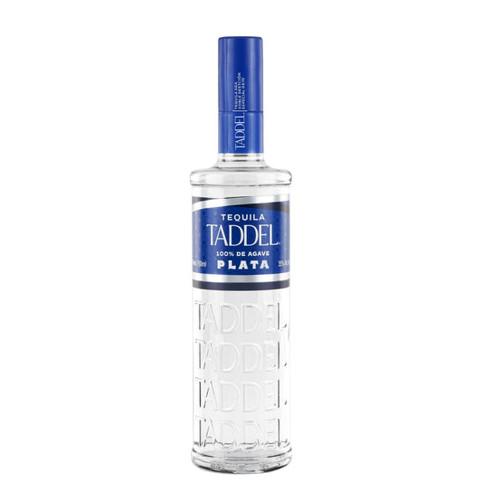 A bottle of Taddel Plata 20 Year Tequila de Agave, 750ml, featuring a clear glass bottle with embossed lettering, a blue label, and a blue cap, set against a plain white background.
