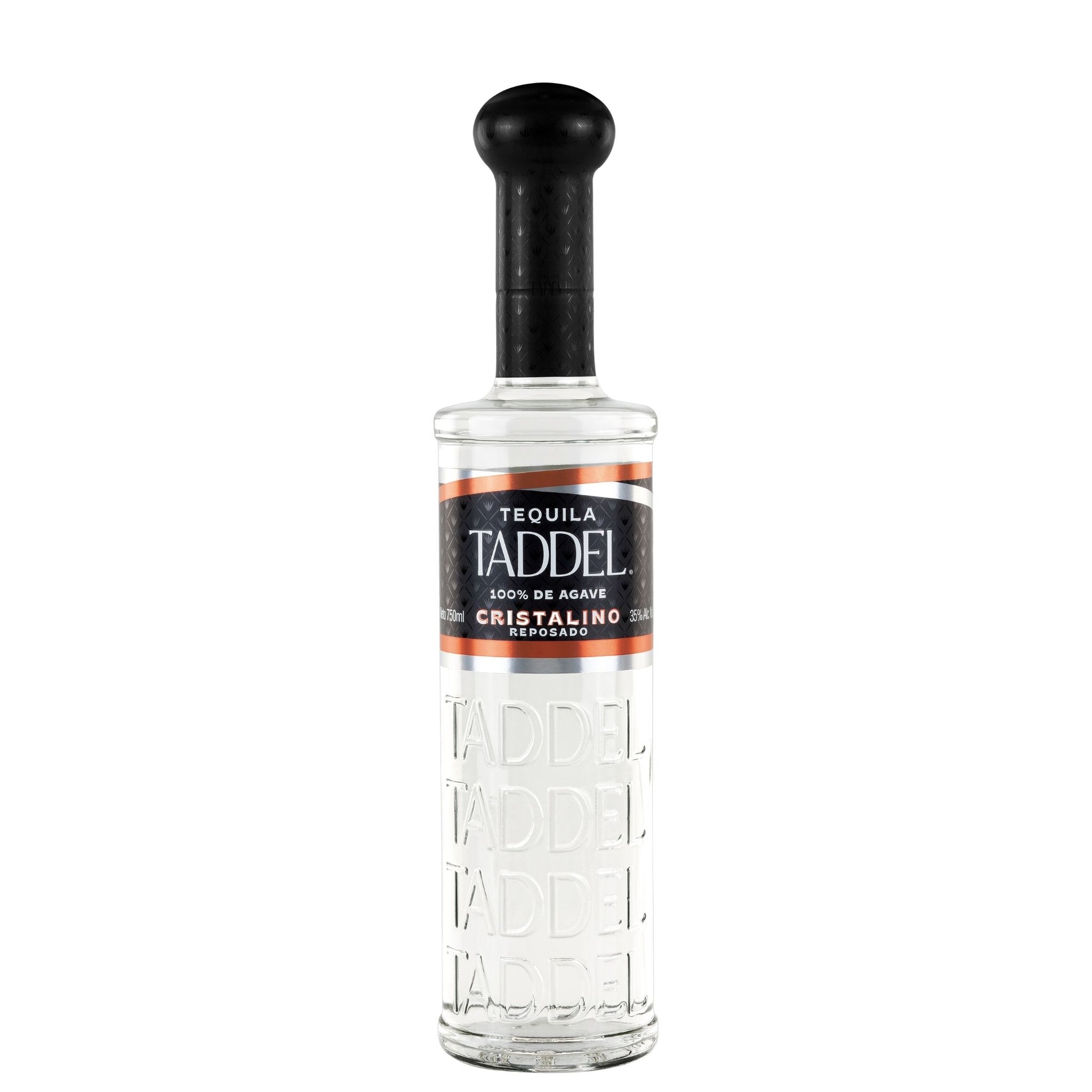A bottle of TADDEL Cristalino tequila on a plain white background. The clear glass bottle features an embossed brand name and a black cap with a black and orange label.
