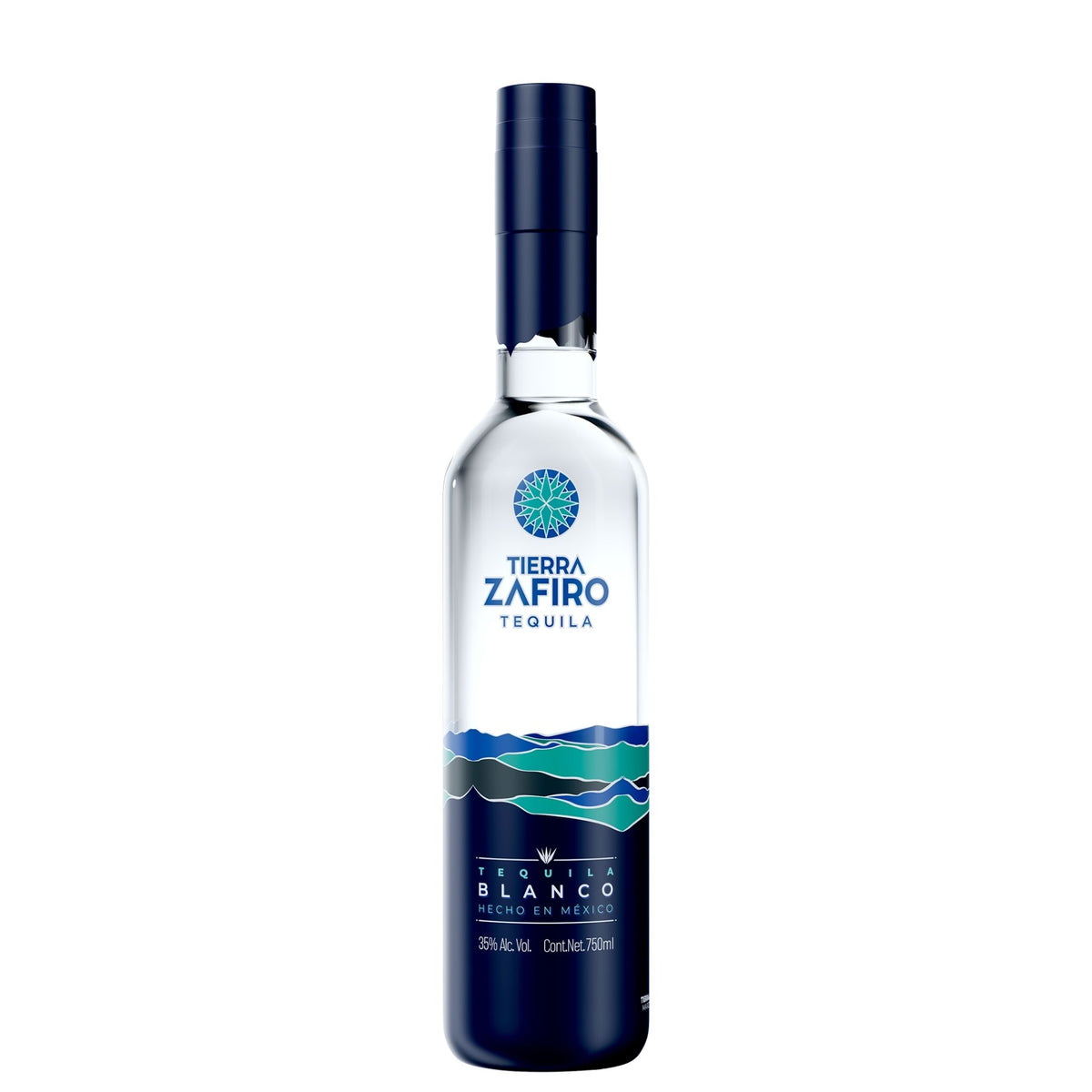 A 750ml bottle of Tierra Zafiro Tequila Blanco on a solid white background. The bottle is clear glass showing the liquid inside, with a dark navy blue cap and a matching dark blue label featuring a blue and green wave design.