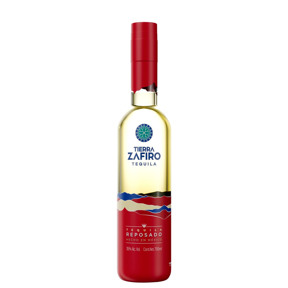 A bottle of Tierra Zafiro Reposado Tequila on a solid white background, featuring a red cap and a red lower label with blue and white accents.