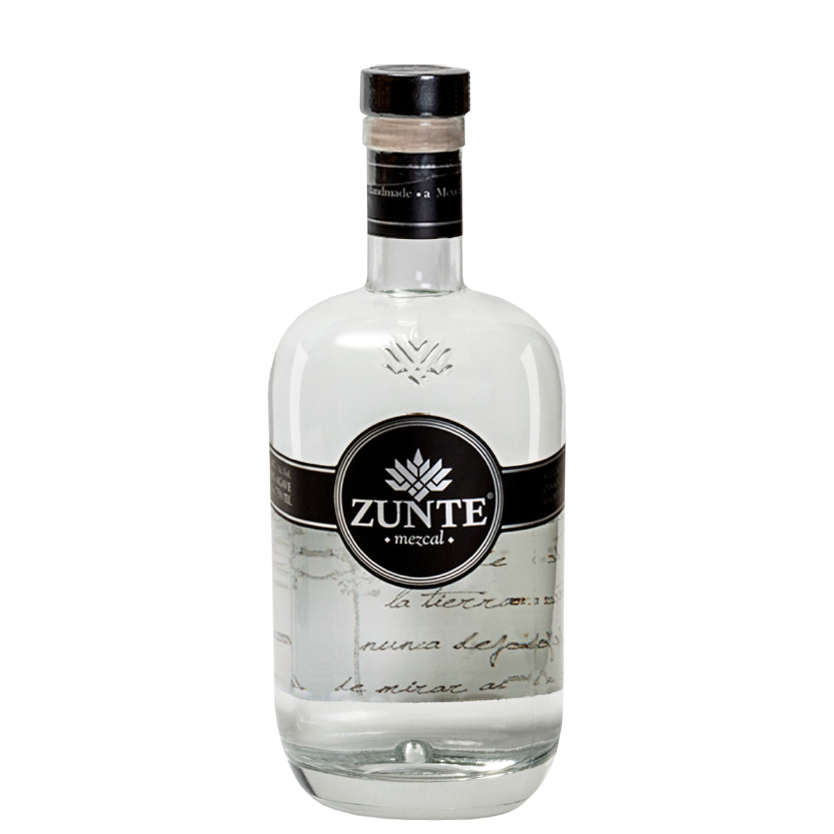 A bottle of Zunte Mescal tequila on a solid white background, featuring a clear glass bottle with a black and white label.