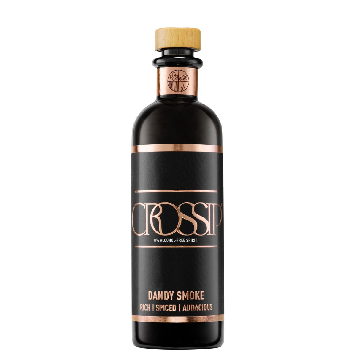 A bottle of CROSSIP Dandy Smoke 0% Alcohol Free Spirit. The bottle is dark brown glass with a black label featuring metallic rose gold text and borders, topped with a light wood cork stopper.